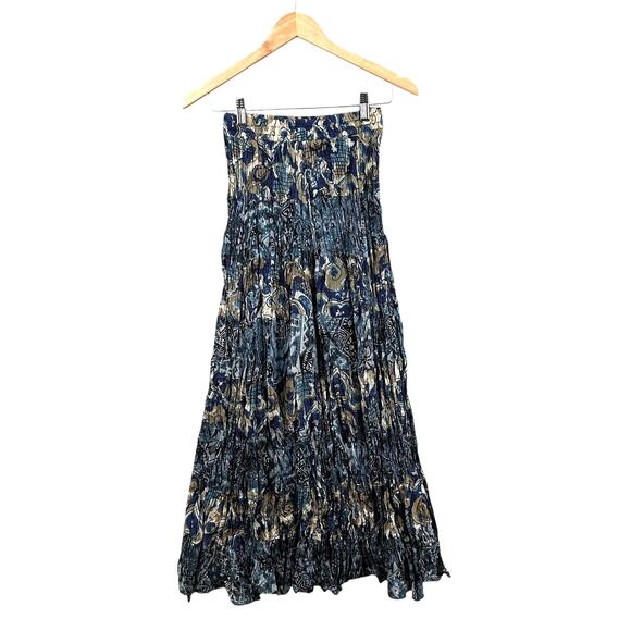 Robert Stock Silk Crinkle Maxi Skirt Small Blue Tan Printed Abstract Boho VTG - Picture 1 of 8